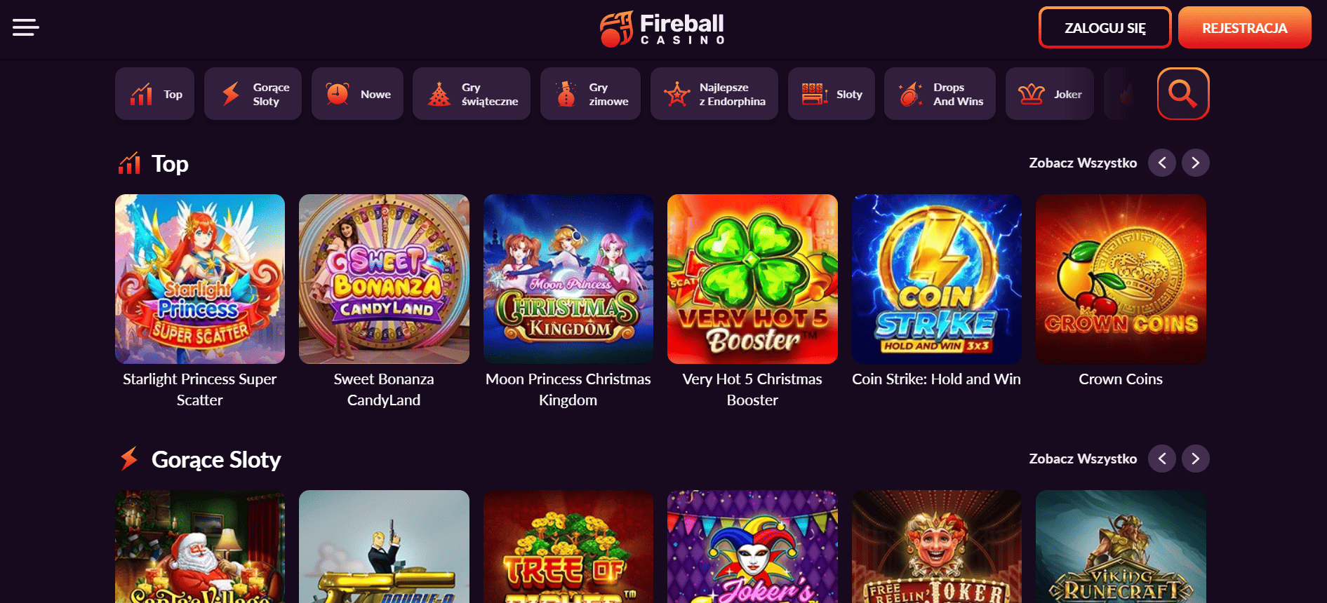 Wybór gier w Fireball Casino - sloty i gry na żywo